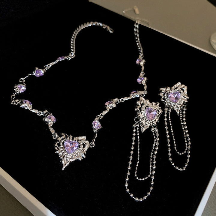 Korean Inspired Purple Heart Jewelry Set Necklace Earrings - Juneptune
