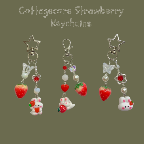 Cottagecore Strawberry Bunny Keychain - Juneptune