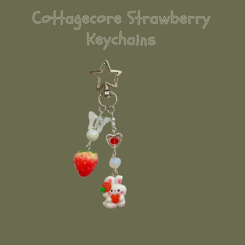 Cottagecore Strawberry Bunny Keychain - Juneptune