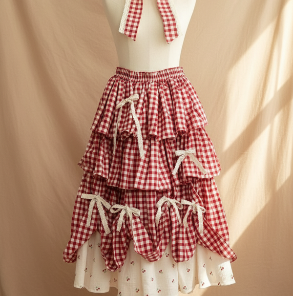 Cottagecore Picnic Gingham Ruffle Skirt
