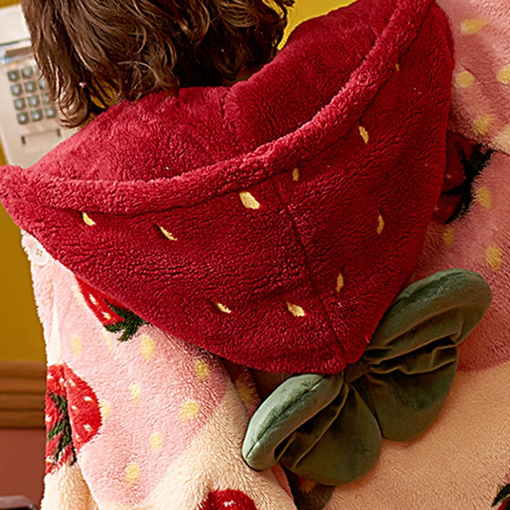 Kawaii Strawberry Hooded Flannel Nightgown - Juneptune