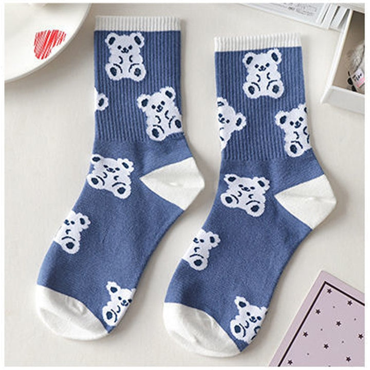 Blue Bear Print Cotton Socks - Juneptune