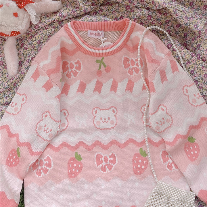 Kawaii Pink Strawberry Bear Sweater - Juneptune
