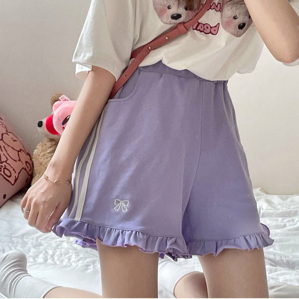 Kawaii Purple Bow High Waist Shorts - Juneptune