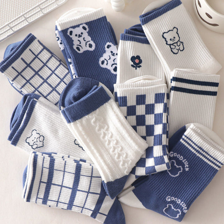 Blue Bear Print Cotton Socks - Juneptune