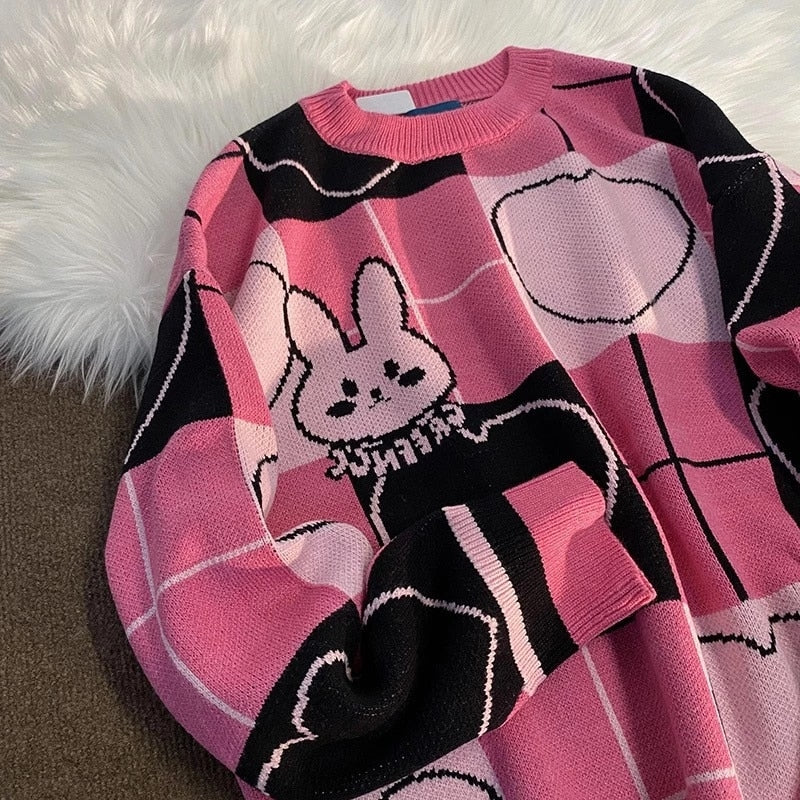 Pink/White Single Bunny Roll Neck Sweater