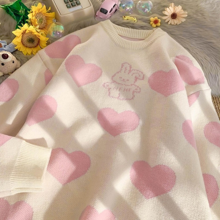 Kawaii Pink Bunny Hearts Sweater - Juneptune