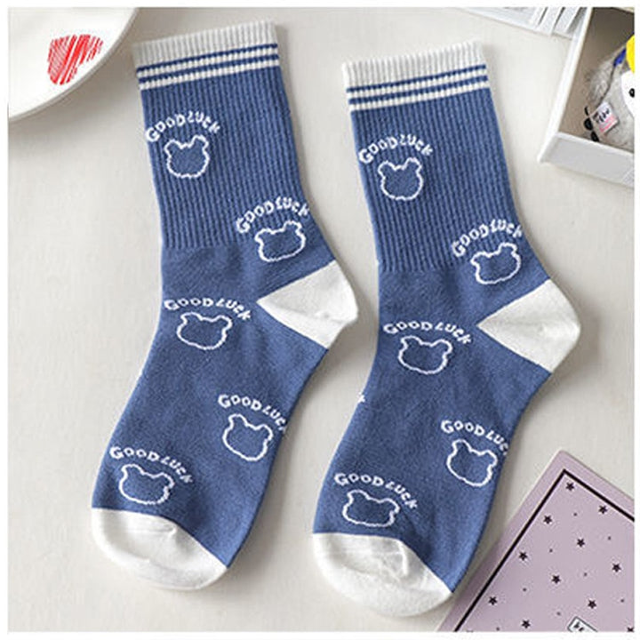 Blue Bear Print Cotton Socks - Juneptune