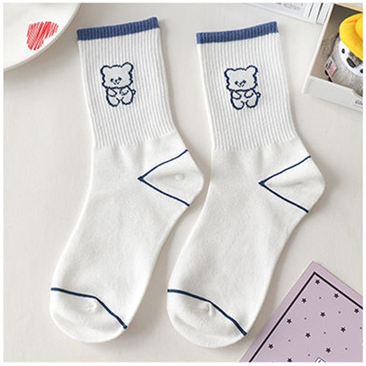 Blue Bear Print Cotton Socks - Juneptune