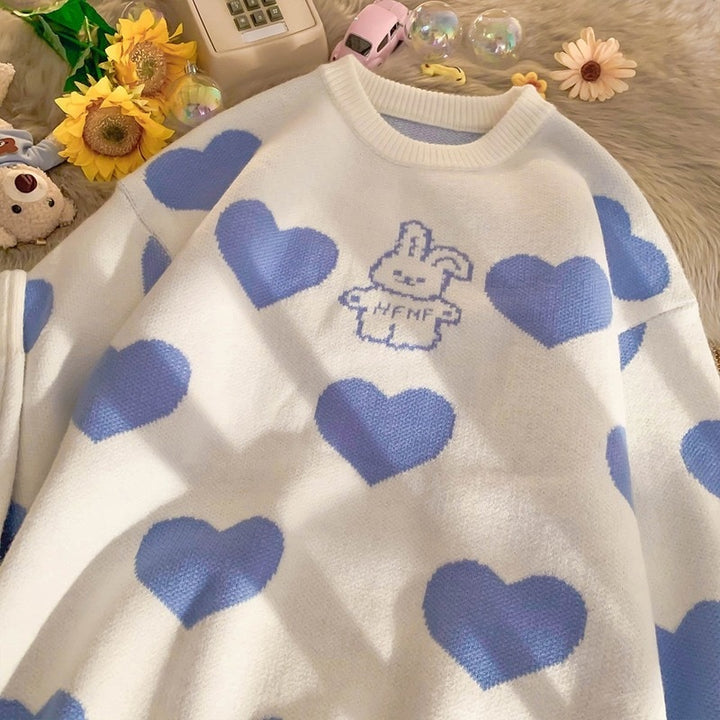 Kawaii Pink Bunny Hearts Sweater - Juneptune