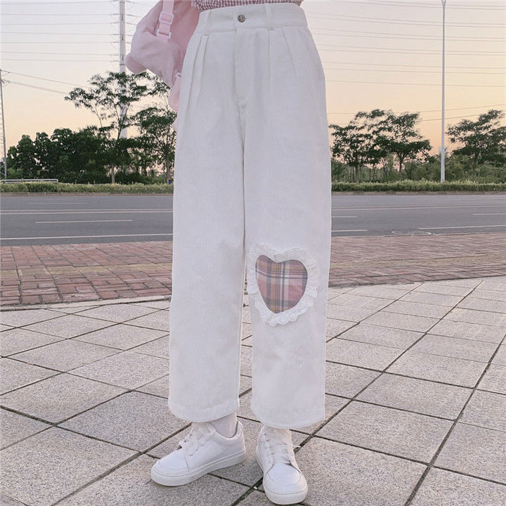 Sweet Lolita Heart Corduroy Loose Pants - Juneptune