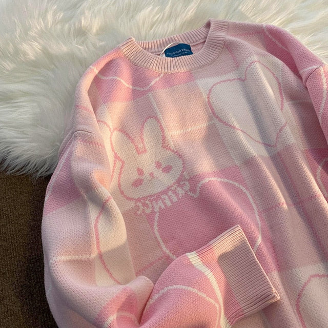 Kawaii Pink Bunny Hearts Sweater - Juneptune