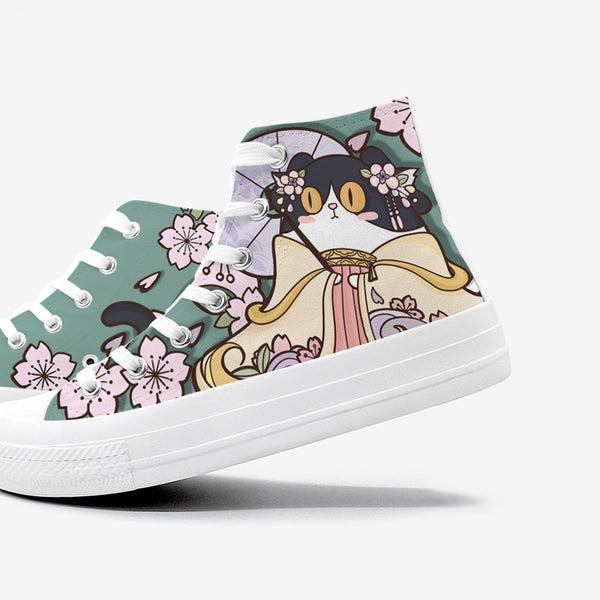 Kawaii Japanese Sakura Cat High Top Shoes - Juneptune