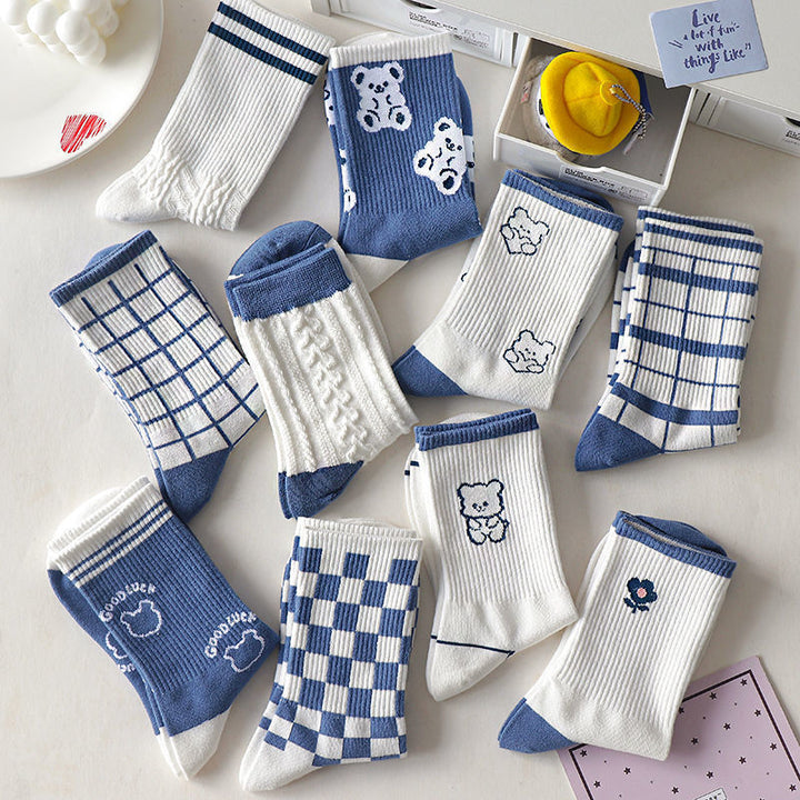 Blue Bear Print Cotton Socks - Juneptune