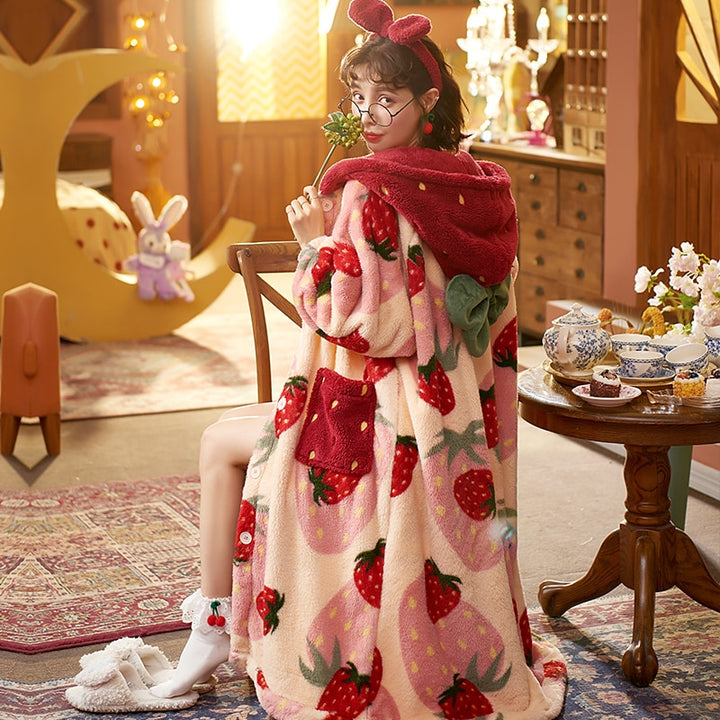 Kawaii Strawberry Hooded Flannel Nightgown - Juneptune