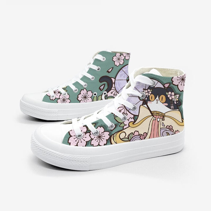 Kawaii Japanese Sakura Cat High Top Shoes - Juneptune