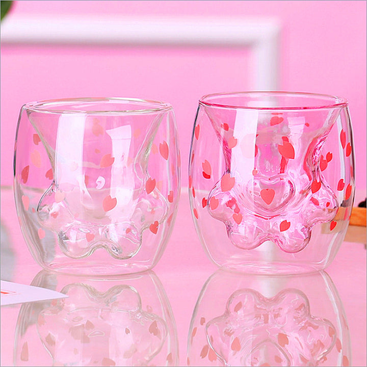 Kawaii Sakura Cherry Blossom Cat Paw Double Layer Glass Cup - Juneptune