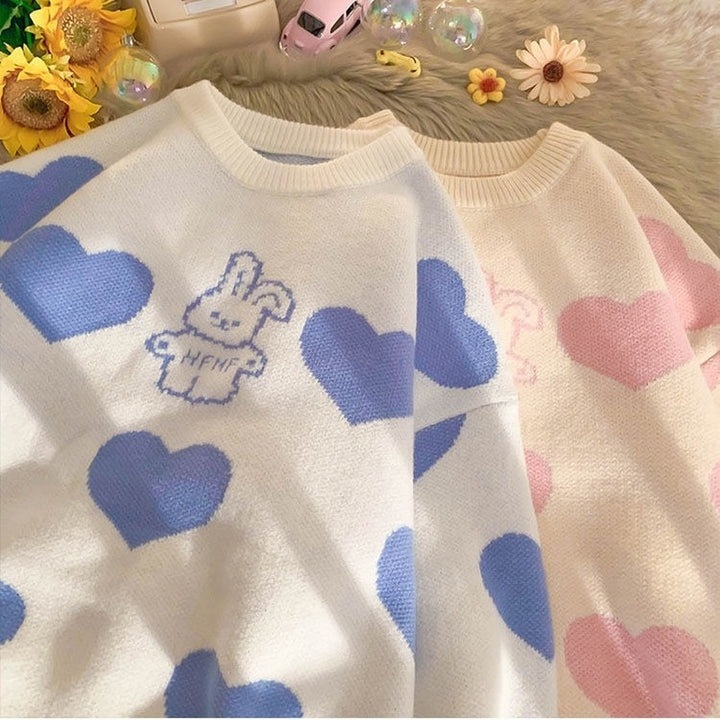 Kawaii Pink Bunny Hearts Sweater - Juneptune