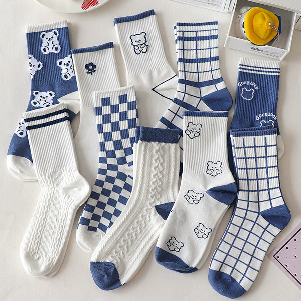 Blue Bear Print Cotton Socks - Juneptune