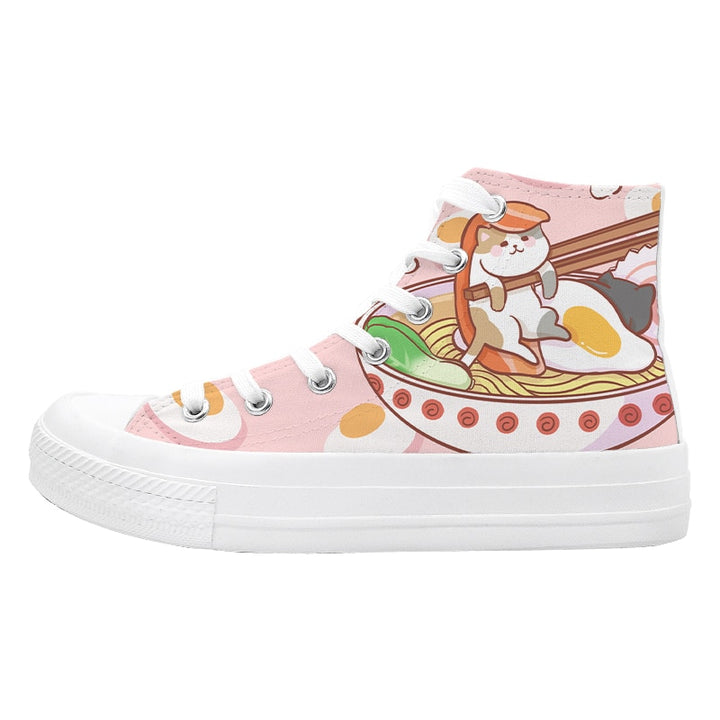 Kawaii Pink Ramen Cat High Top Shoes - Juneptune