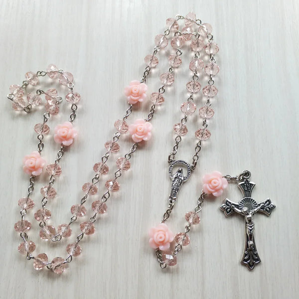 Crystal Rose Bead Rosary Necklace