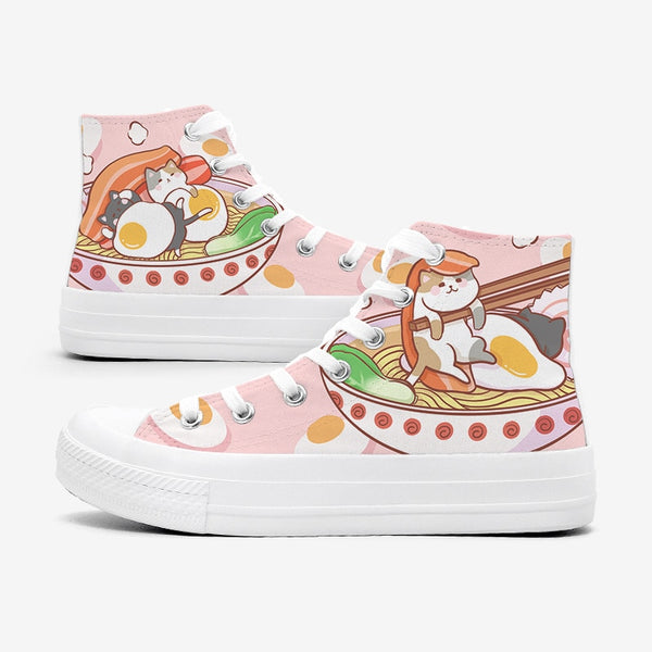 Kawaii Pink Ramen Cat High Top Shoes - Juneptune