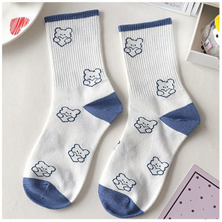 Blue Bear Print Cotton Socks - Juneptune