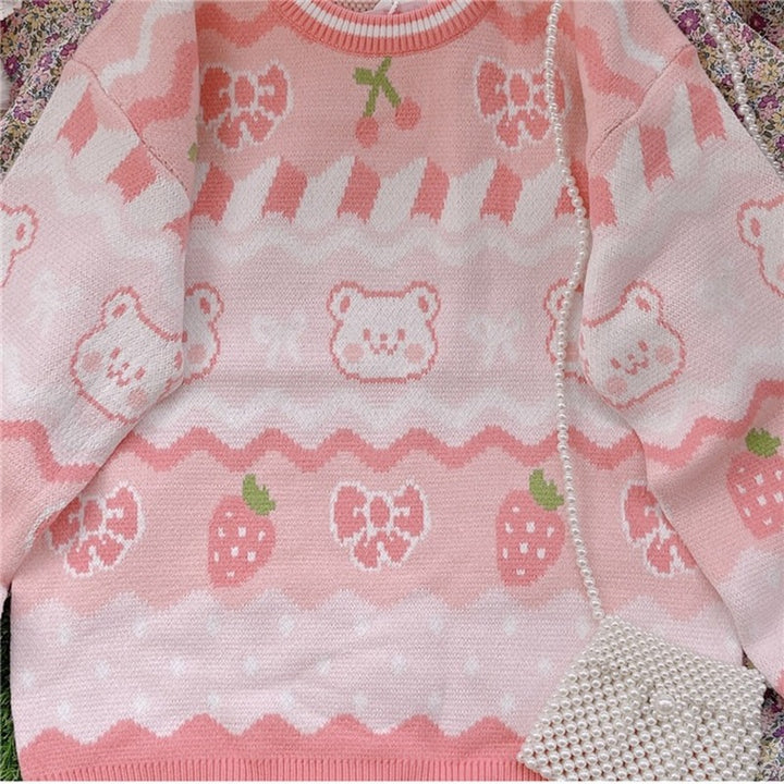 Kawaii Pink Strawberry Bear Sweater - Juneptune