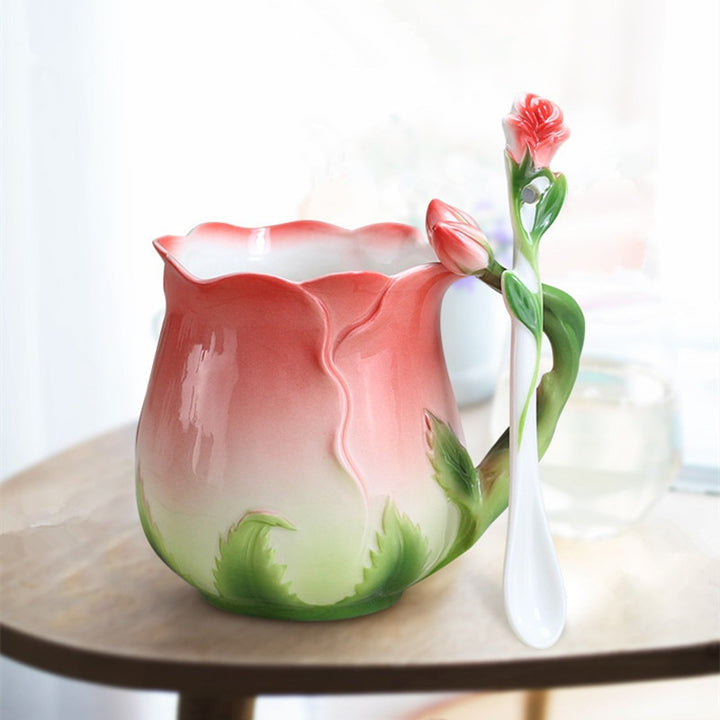 Kawaii Strawberry Rose Shaped Ceramic Coffee Cup With Spoon - Juneptune