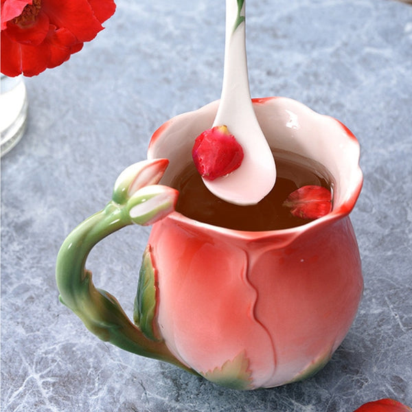 Kawaii Strawberry Rose Shaped Ceramic Coffee Cup With Spoon - Juneptune