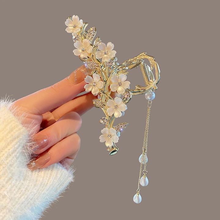 Kawaii Pearl White Flower Hair Claw - Juneptune