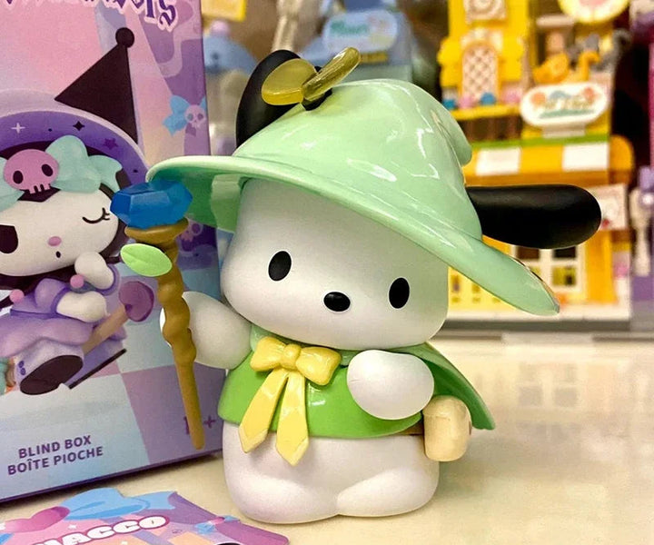 Toy figure of a character in a green outfit with a hat, standing in front of a colorful display.