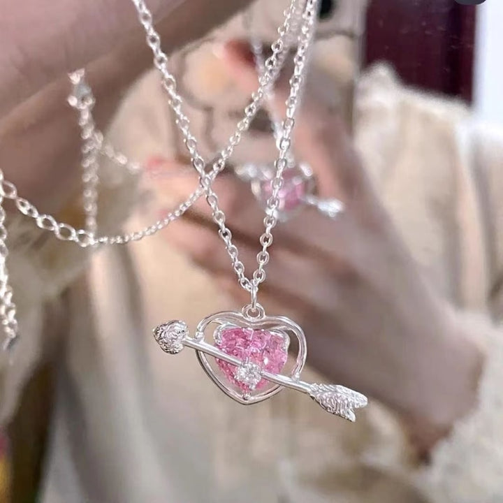 Y2K Pink Crystal Peach Heart Necklace - Juneptune