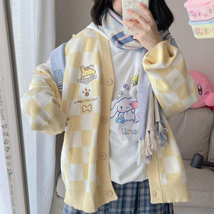 Kawaii Sanrio Plaid Sweater With Buttons - Juneptune