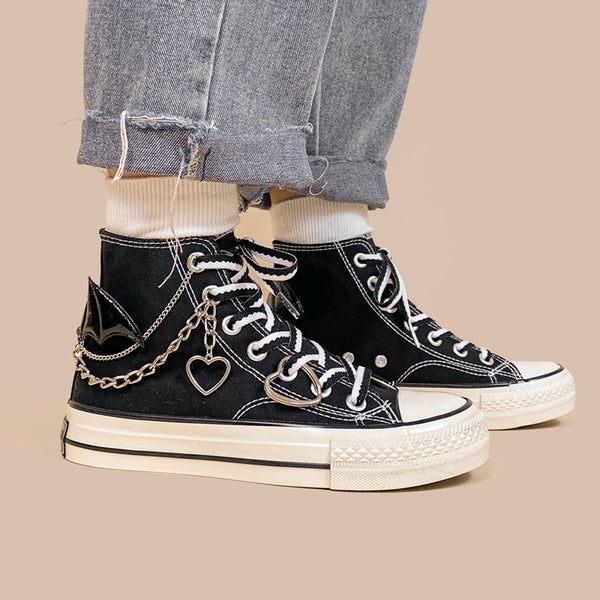 Gothic Black Bat Chain High Top Shoes - Juneptune