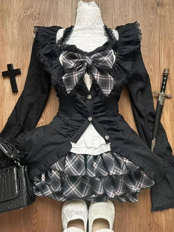 Dark Academia Ruffle Plaid Outfit Set