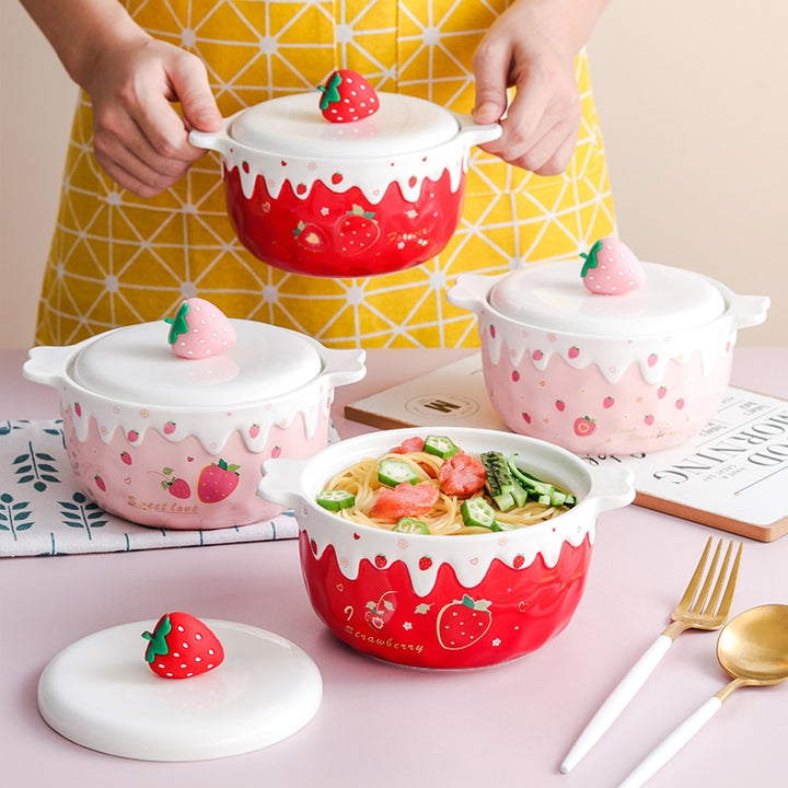 Kawaii Strawberry Ramen Bowl With Lid - Juneptune