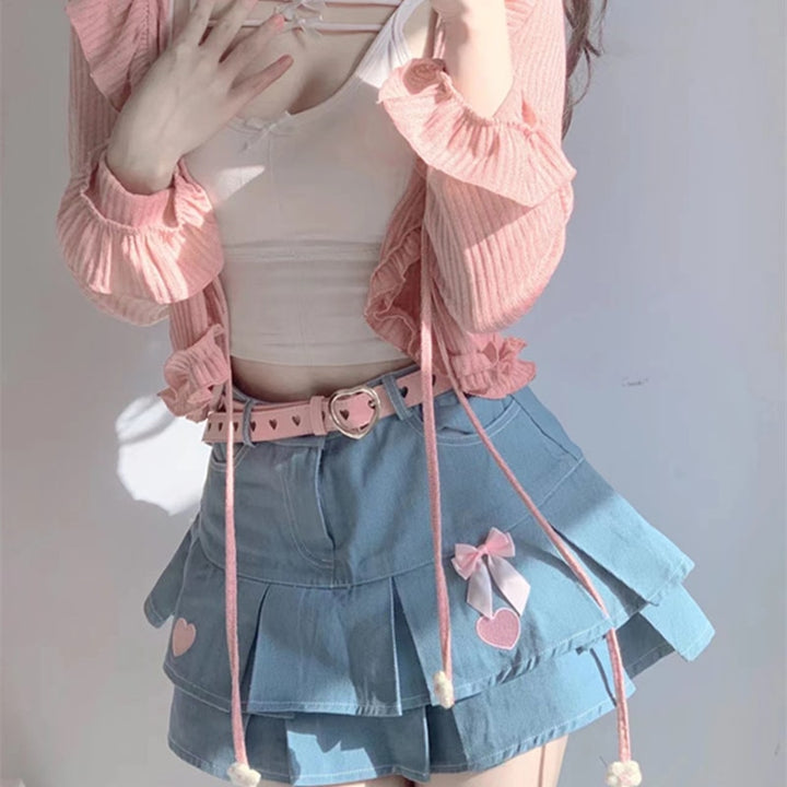 Sweet Lolita Bow Denim Skirt With Belt - Juneptune