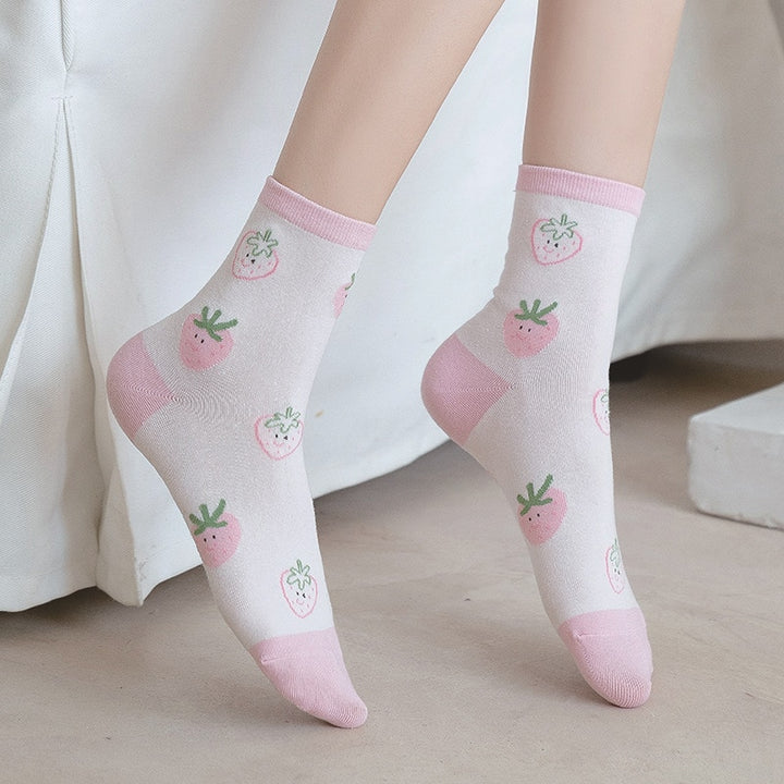 Kawaii Pink Strawberry Cotton Socks - Juneptune