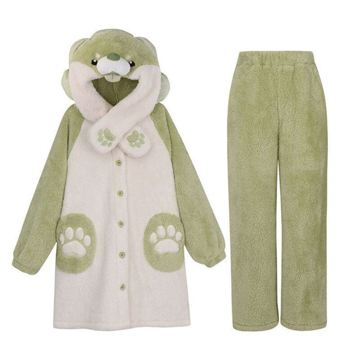 Kawaii Cabbage Shiba Hooded Fuzzy Pajama Set - Juneptune