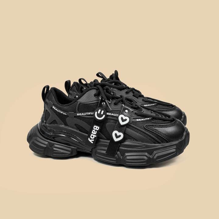 Black Heart Chunky Sneakers - Juneptune