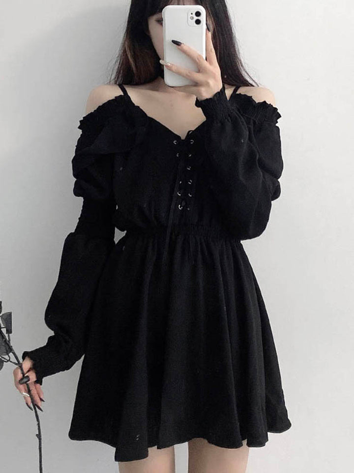 Gothic Off Shoulder Black Dress - Juneptune