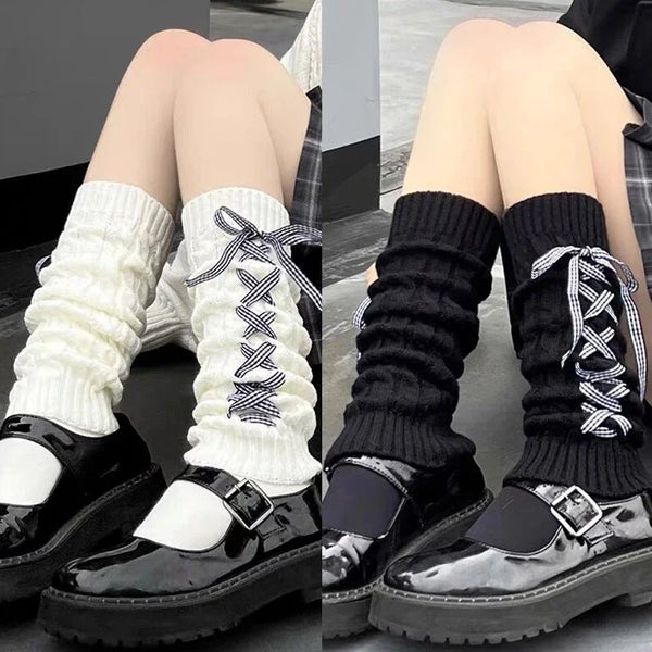 Plaid Ribbon Knit Lace-Up Leg Warmers