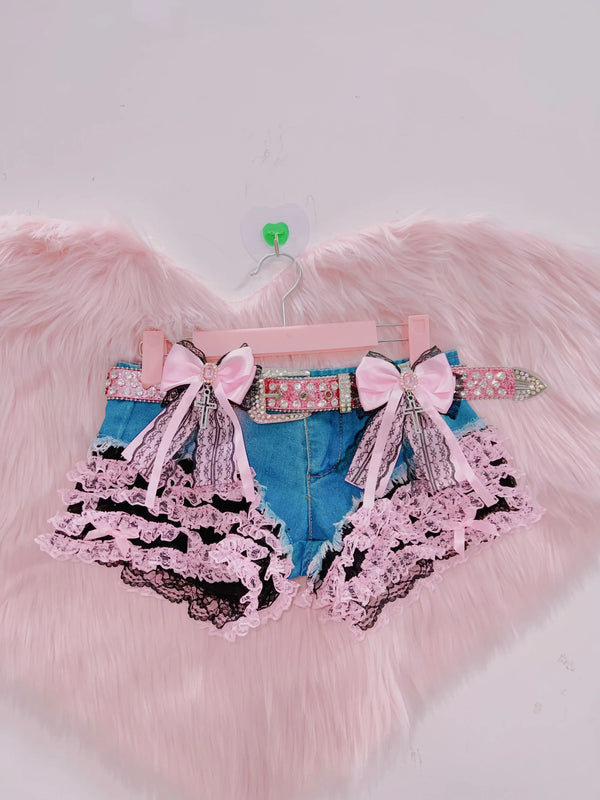 Pink Coquette Lace Bow Denim Shorts