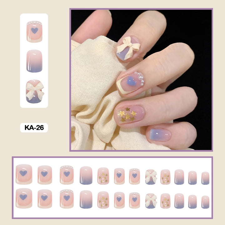 24pcs/Box Press On False Nails - Aesthetic Heart Bow Nails - Juneptune