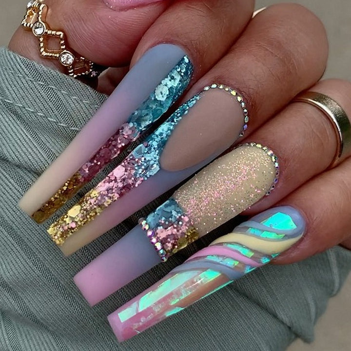 24pcs/Box Press On Long Aesthetic Glitter False Nails - Juneptune