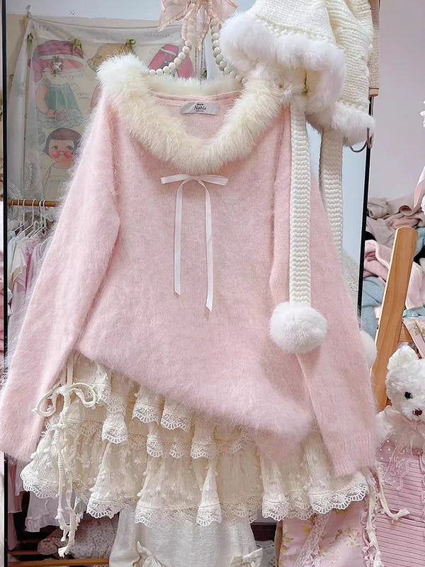 Fuzzy Bow Lace-Trim Sweater