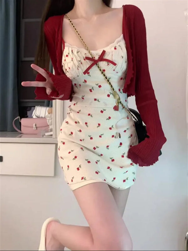 Red Floral Dress With Cardigan