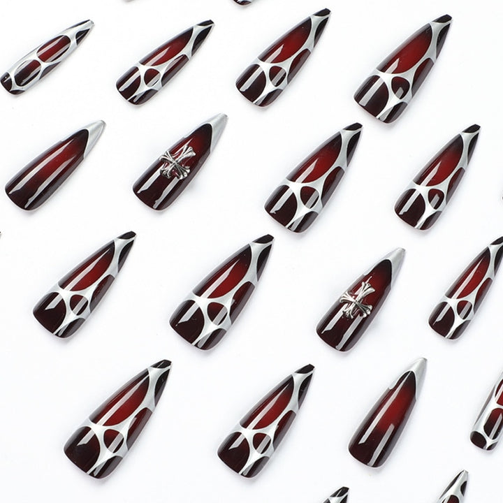 24pcs/Box Press On Long Aesthetic Gothic Red False Nails - Juneptune