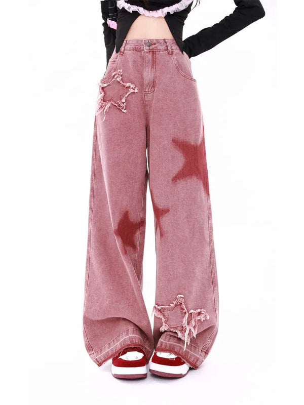 Pink Retro Star Loose Jeans